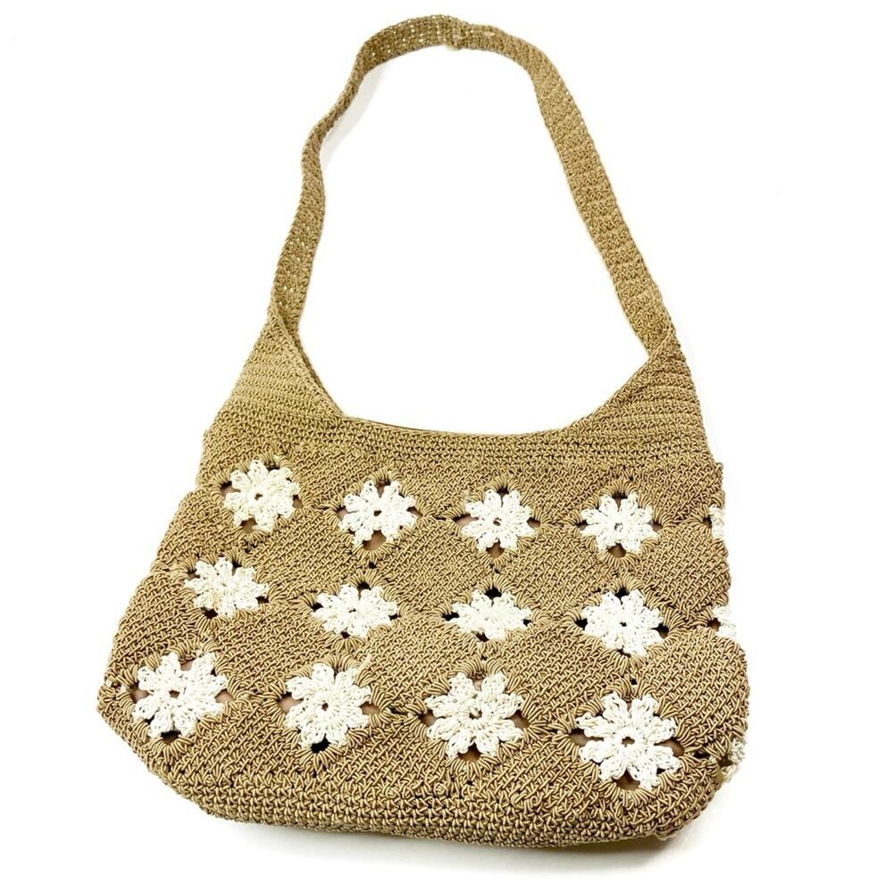 Woven Tan Crochet Floral Olefin Cotton Summer Shoulder Bag Purse
